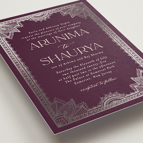 This is a plum foil stamped wedding invitations with foil pressed by Randi Cirelli called arunima printing on signature in standard