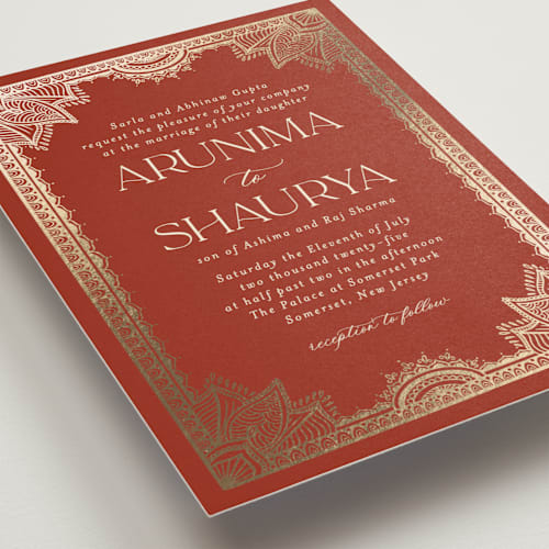 This is a paprika foil stamped wedding invitations with foil pressed by Randi Cirelli called arunima printing on signature in standard