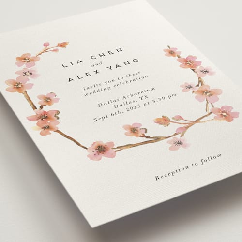 This is a blush foil stamped wedding invitations with foil pressed by Petra Kern called love blossom printing on signature in standard