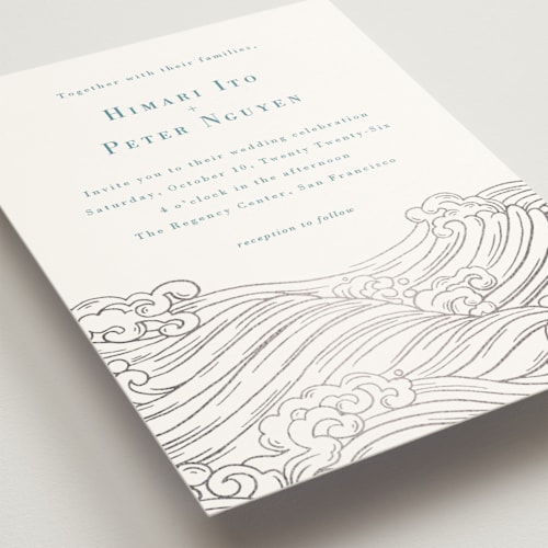 This is a aqua foil stamped wedding invitations with foil pressed by Jessie Steury called waves printing on signature in standard