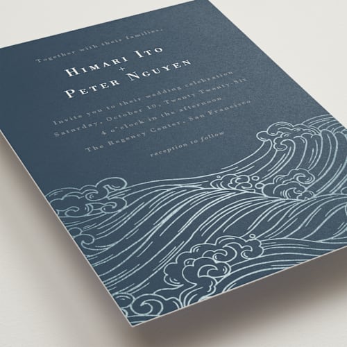 This is a navy foil stamped wedding invitations with foil pressed by Jessie Steury called waves printing on signature in standard