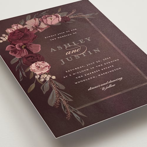 This is a rose foil stamped wedding invitations with foil pressed by Susan Moyal called verdigris printing on signature in standard