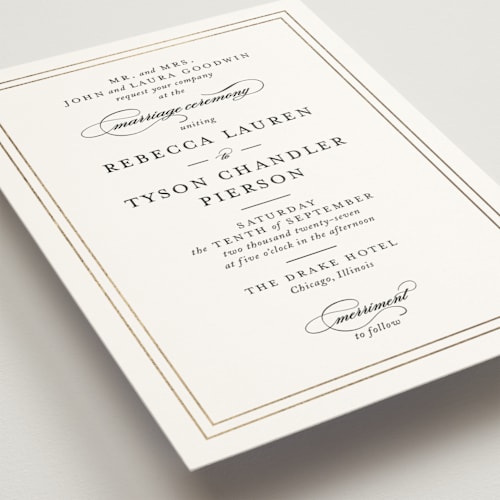 This is a snow foil stamped wedding invitations with foil pressed by Kimberly FitzSimons called eloquence printing on signature in standard