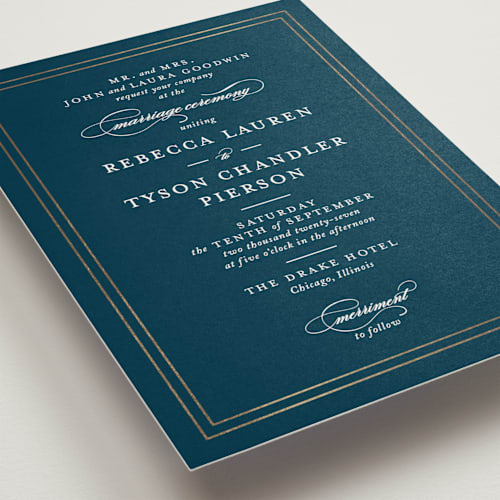 This is a blueberry foil stamped wedding invitations with foil pressed by Kimberly FitzSimons called eloquence printing on signature in standard