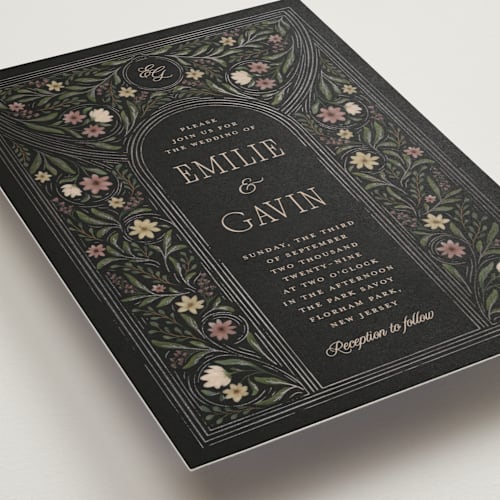 This is a noir foil stamped wedding invitations with foil pressed by Randi Cirelli called emilie printing on signature in standard