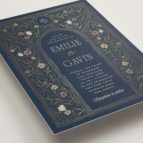 This is a sapphire foil stamped wedding invitations with foil pressed by Randi Cirelli called emilie printing on signature in standard