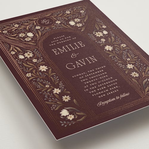 This is a merlot foil stamped wedding invitations with foil pressed by Randi Cirelli called emilie printing on signature in standard