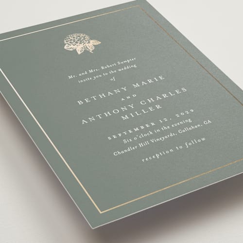 This is a rosemary foil stamped wedding invitations with foil pressed by Stacey Meacham called hydrangea bloom printing on signature in standard