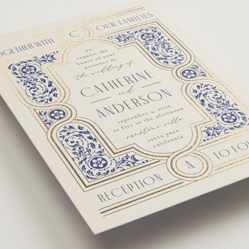 This is a dynasty blue foil stamped wedding invitations with foil pressed by Ana de Sousa called tiled romance printing on signature in standard