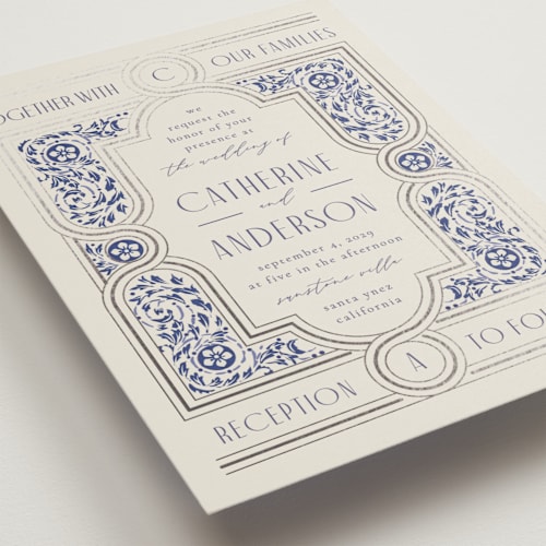 This is a dynasty blue foil stamped wedding invitations with foil pressed by Ana de Sousa called tiled romance printing on signature in standard