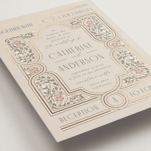 This is a blush foil stamped wedding invitations with foil pressed by Ana de Sousa called tiled romance printing on signature in standard