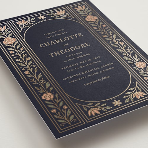 This is a navy foil stamped wedding invitations with foil pressed by Jessica Beck called botanical tapestry printing on signature in standard