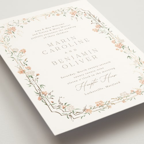 This is a perfectly peach foil stamped wedding invitations with foil pressed by Erin L. Wilson called victorian trellis printing on signature in standard