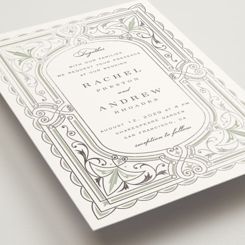 This is a warm eucalyptus foil stamped wedding invitations with foil pressed by Janean Hinger called aurelia printing on signature in standard