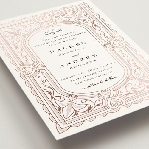 This is a vintage rose foil stamped wedding invitations with foil pressed by Janean Hinger called aurelia printing on signature in standard