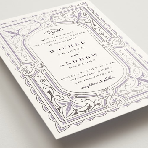 This is a powdered violet foil stamped wedding invitations with foil pressed by Janean Hinger called aurelia printing on signature in standard