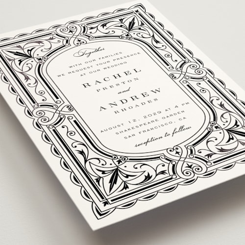 This is a black tie foil stamped wedding invitations with foil pressed by Janean Hinger called aurelia printing on signature in standard