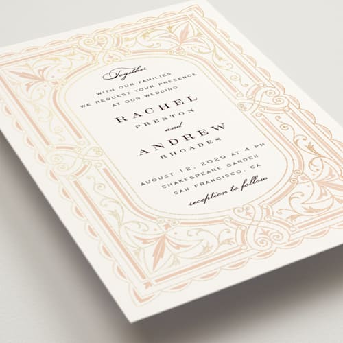 This is a soft peach foil stamped wedding invitations with foil pressed by Janean Hinger called aurelia printing on signature in standard