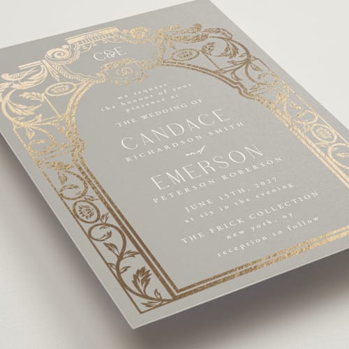 This is a bells foil stamped wedding invitations with foil pressed by Ana de Sousa called mirror printing on signature in standard