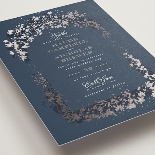 This is a bluebell foil stamped wedding invitations with foil pressed by Leah Bisch called heritage printing on signature in standard