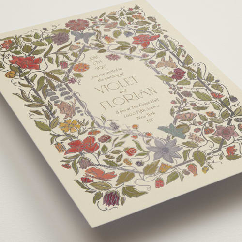 This is a mint foil stamped wedding invitations with foil pressed by Simona Camp called radiant botany printing on signature in standard