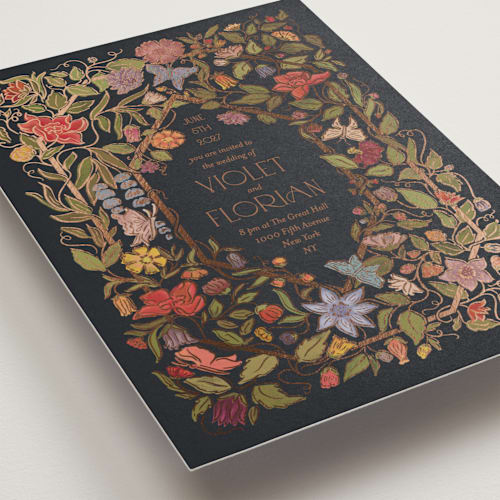 This is a navy foil stamped wedding invitations with foil pressed by Simona Camp called radiant botany printing on signature in standard