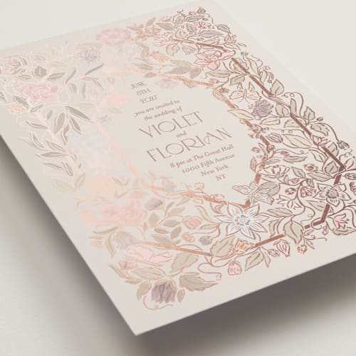 This is a slate foil stamped wedding invitations with foil pressed by Simona Camp called radiant botany printing on signature in standard