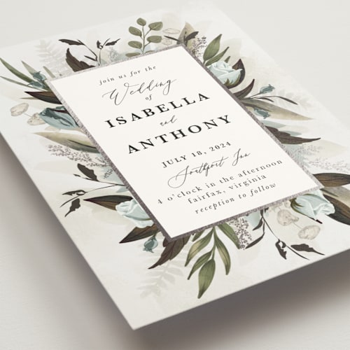 This is a sky foil stamped wedding invitations with foil pressed by Susan Moyal called roses & greenery printing on signature in standard