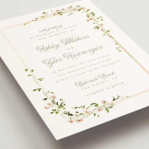 This is a peony foil stamped wedding invitations with foil pressed by Everett Paper Goods called flowering vine printing on signature in standard