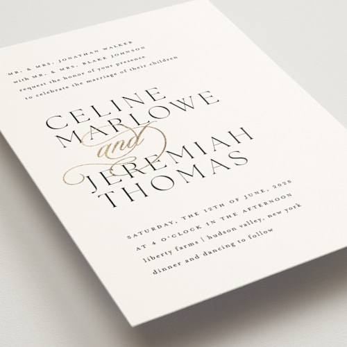 This is a silk foil stamped wedding invitations with foil pressed by Kelly Schmidt called left align printing on signature in standard