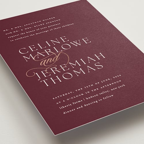 This is a vineyard foil stamped wedding invitations with foil pressed by Kelly Schmidt called left align printing on signature in standard