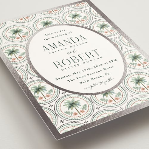 This is a sand foil stamped wedding invitations with foil pressed by Maria Alou called vintage palms printing on signature in standard