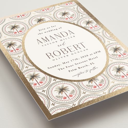 This is a hibiscus foil stamped wedding invitations with foil pressed by Maria Alou called vintage palms printing on signature in standard