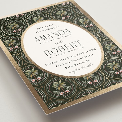 This is a palm foil stamped wedding invitations with foil pressed by Maria Alou called vintage palms printing on signature in standard