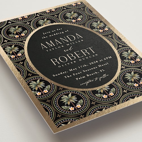 This is a onyx foil stamped wedding invitations with foil pressed by Maria Alou called vintage palms printing on signature in standard