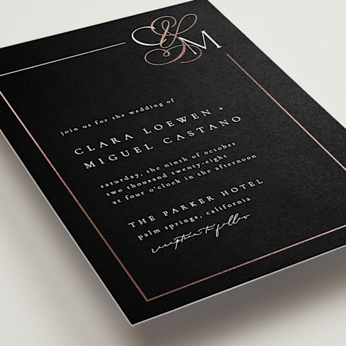 This is a midnight foil stamped wedding invitations with foil pressed by Kelly Schmidt called golden ampersand printing on signature in standard
