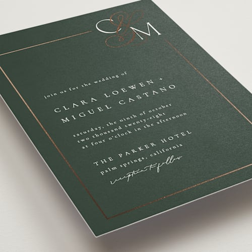 This is a garden foil stamped wedding invitations with foil pressed by Kelly Schmidt called golden ampersand printing on signature in standard