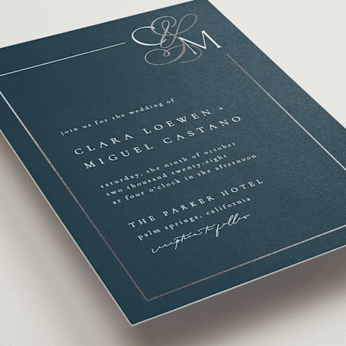 This is a navy foil stamped wedding invitations with foil pressed by Kelly Schmidt called golden ampersand printing on signature in standard