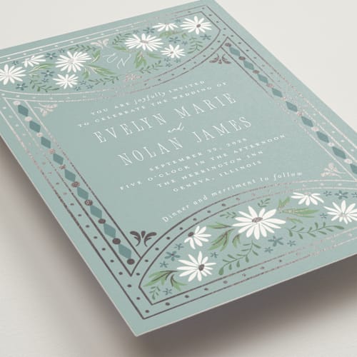 This is a seafoam foil stamped wedding invitations with foil pressed by Erin German called sadie printing on signature in standard