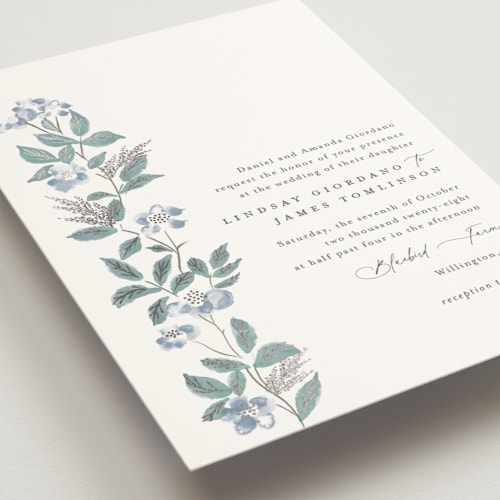 This is a sapphire foil stamped wedding invitations with foil pressed by Olivia Raufman called climbing florals printing on signature in standard