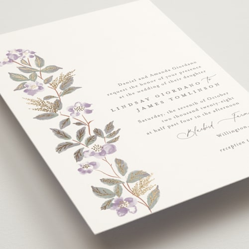 This is a lavender foil stamped wedding invitations with foil pressed by Olivia Raufman called climbing florals printing on signature in standard