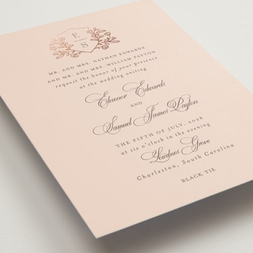 This is a rose quartz foil stamped wedding invitations with foil pressed by Mansi Verma called gold crest printing on signature in standard