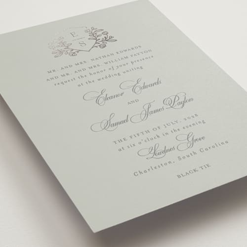 This is a sapphire foil stamped wedding invitations with foil pressed by Mansi Verma called gold crest printing on signature in standard