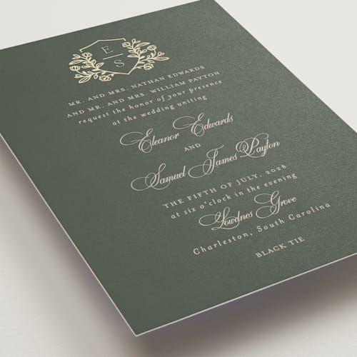 This is a emerald foil stamped wedding invitations with foil pressed by Mansi Verma called gold crest printing on signature in standard