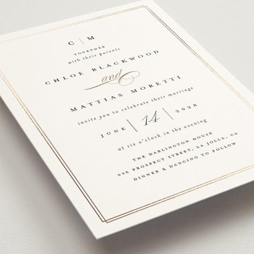 This is a linen foil stamped wedding invitations with foil pressed by Erica Krystek called timeless printing on signature in standard