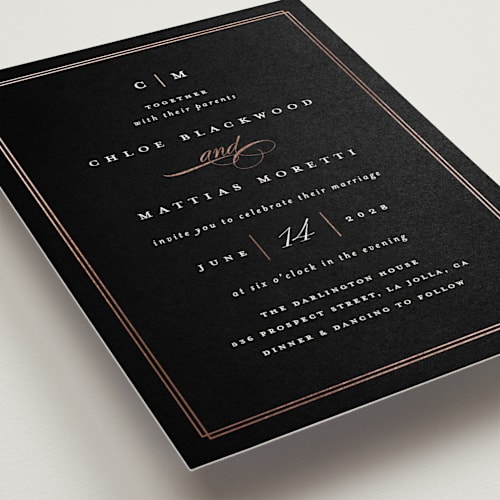 This is a midnight foil stamped wedding invitations with foil pressed by Erica Krystek called timeless printing on signature in standard