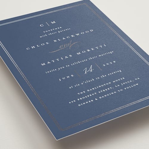 This is a bluebell foil stamped wedding invitations with foil pressed by Erica Krystek called timeless printing on signature in standard