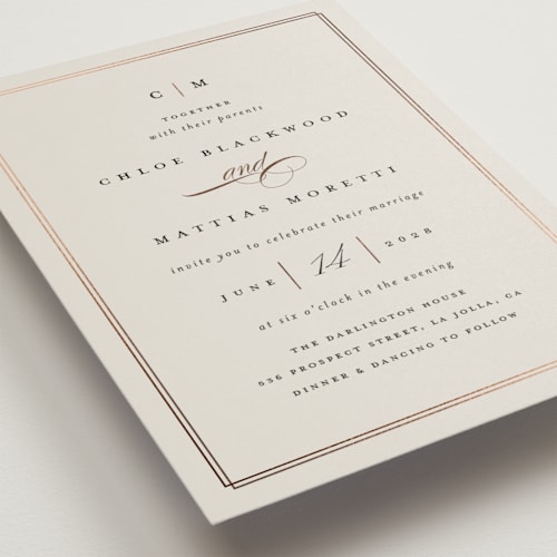 This is a ecru foil stamped wedding invitations with foil pressed by Erica Krystek called timeless printing on signature in standard