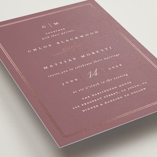 This is a mauve foil stamped wedding invitations with foil pressed by Erica Krystek called timeless printing on signature in standard