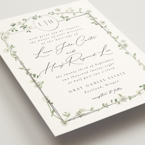 This is a chiffon foil stamped wedding invitations with foil pressed by Everett Paper Goods called portico printing on signature in standard